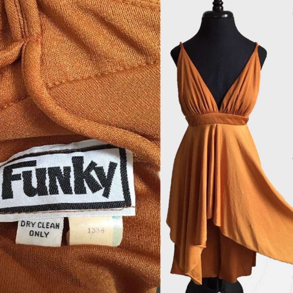 Vtg 70s Copper Asymmetric Hankie Hem Romper Dress… - image 7